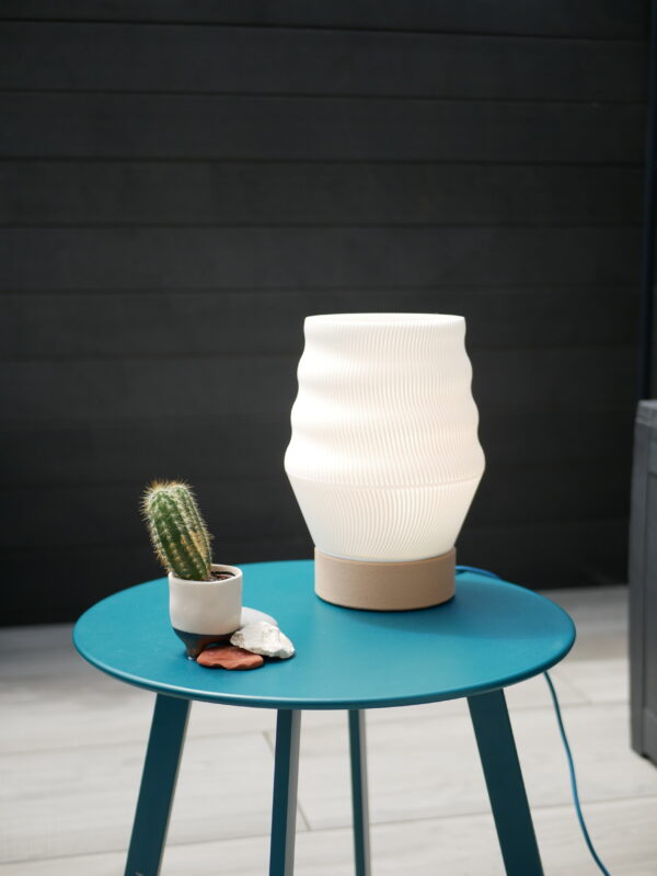 White lamp design and printed by homa kraft. The lamp is outside, turn on and use a lamp-base design by us. It's on a table with a cactus